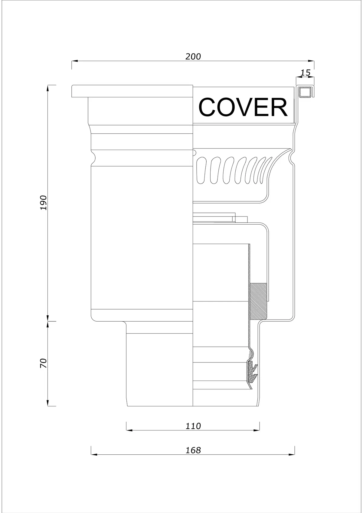 Wpust Podłogowy BK_KRD 200x200 DN 110 - Jednoczęściowy Pionowy 