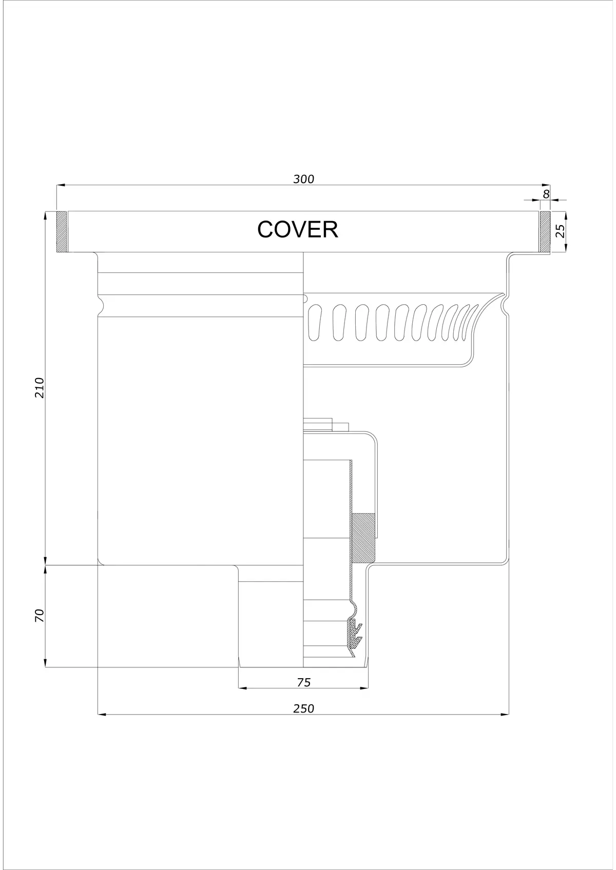 Wpust Podłogowy BK_KROD 300 DN 75 z Rantem 25x8mm - Jednoczęściowy Pionowy 