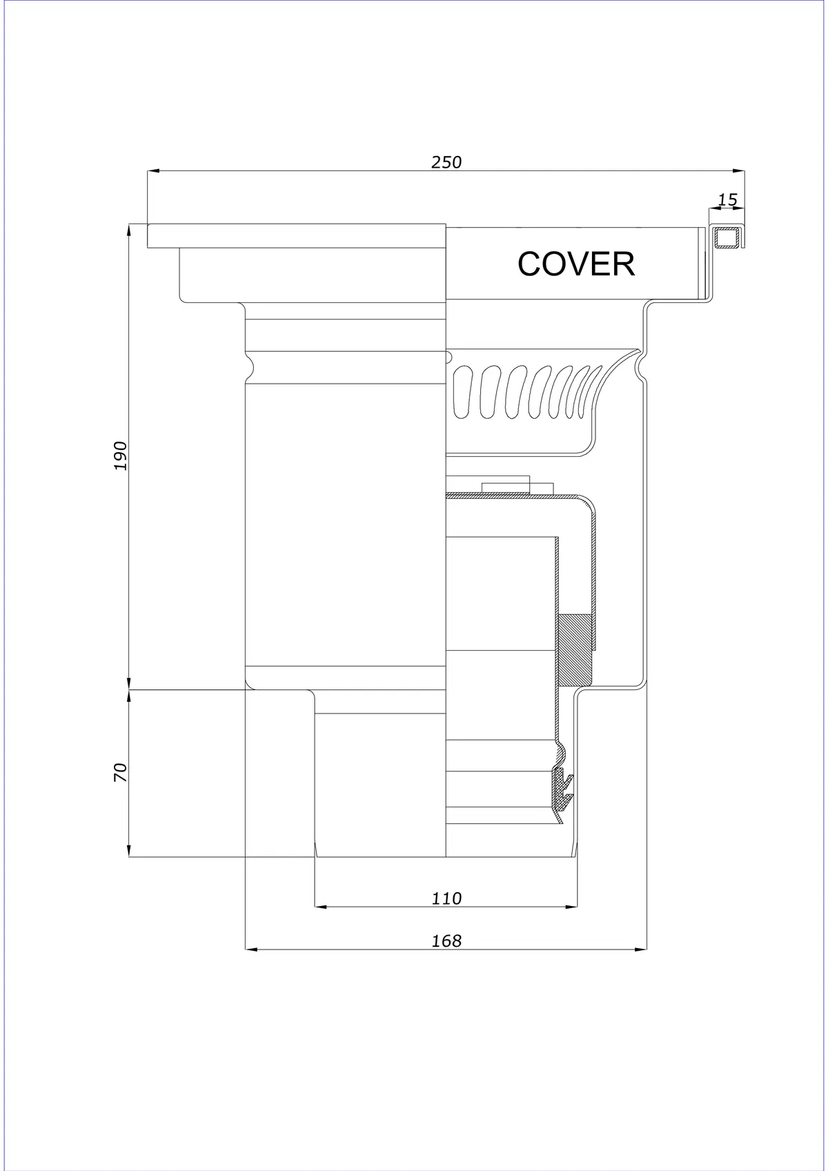 Wpust Podłogowy BK_KRD 250x250 DN 110 - Jednoczęściowy Pionowy 