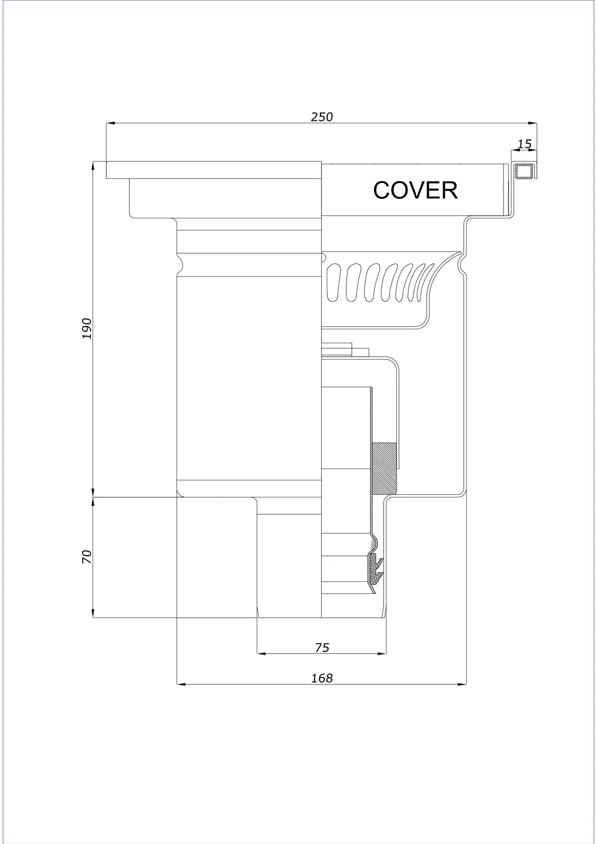 Wpust Podłogowy BK_KRD 250x250 DN 75 - Jednoczęściowy Pionowy 