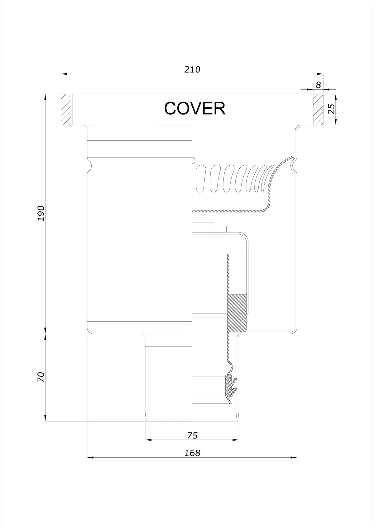 Wpust Podłogowy BK_KROD 210 DN 75 z Rantem 25x8mm - Jednoczęściowy Pionowy 