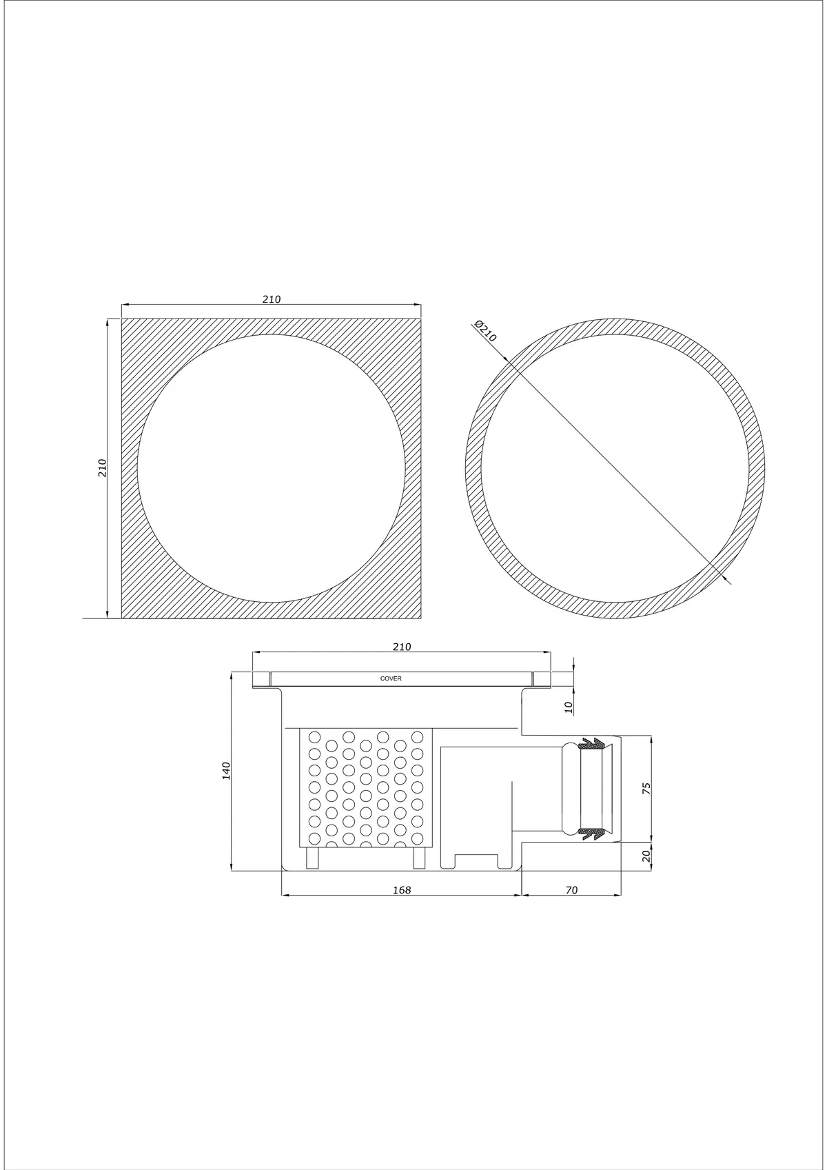 Wpust Podłogowy BK_KRBO 210/ 210x210 DN 75 - Jednoczęściowy Poziomy - Wersja okrągła/kwadratowa