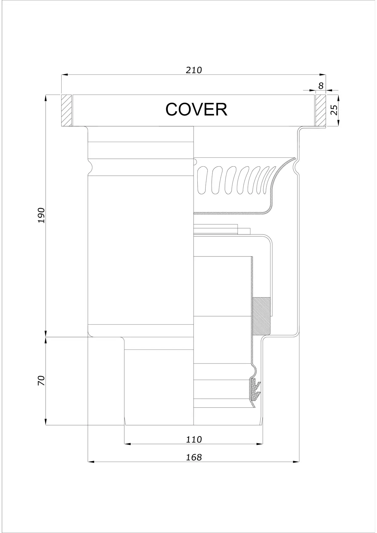 Wpust Podłogowy BK_KROD 210 DN 110 z Rantem 25x8mm - Jednoczęściowy Pionowy 