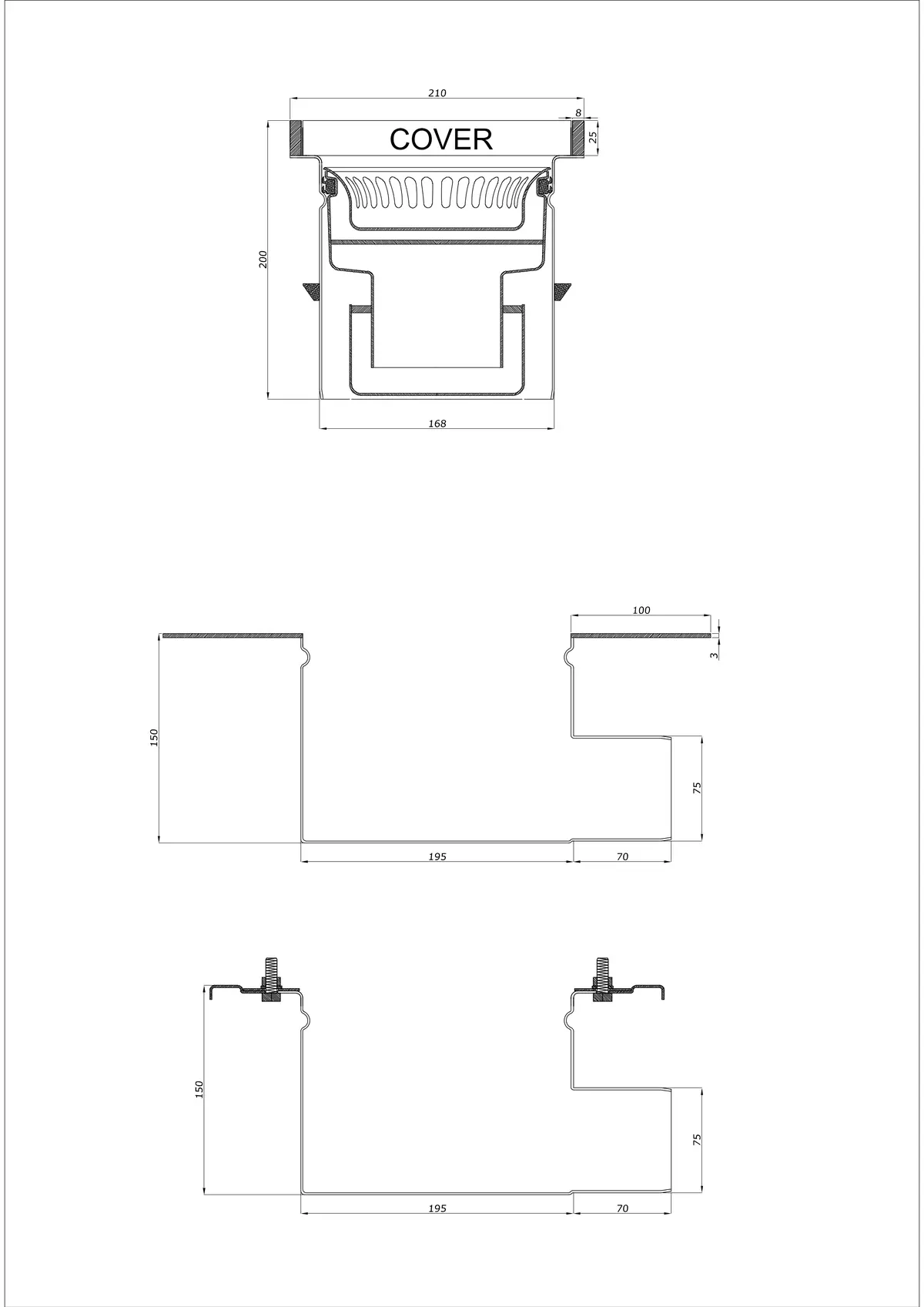 Wpust Podłogowy BK_KROB 210 DN 75 z Rantem 25x8mm - Dwuczęściowy Poziomy